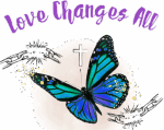 Love Changes All logo. Butterfly with chainbreaking and cross behind it.